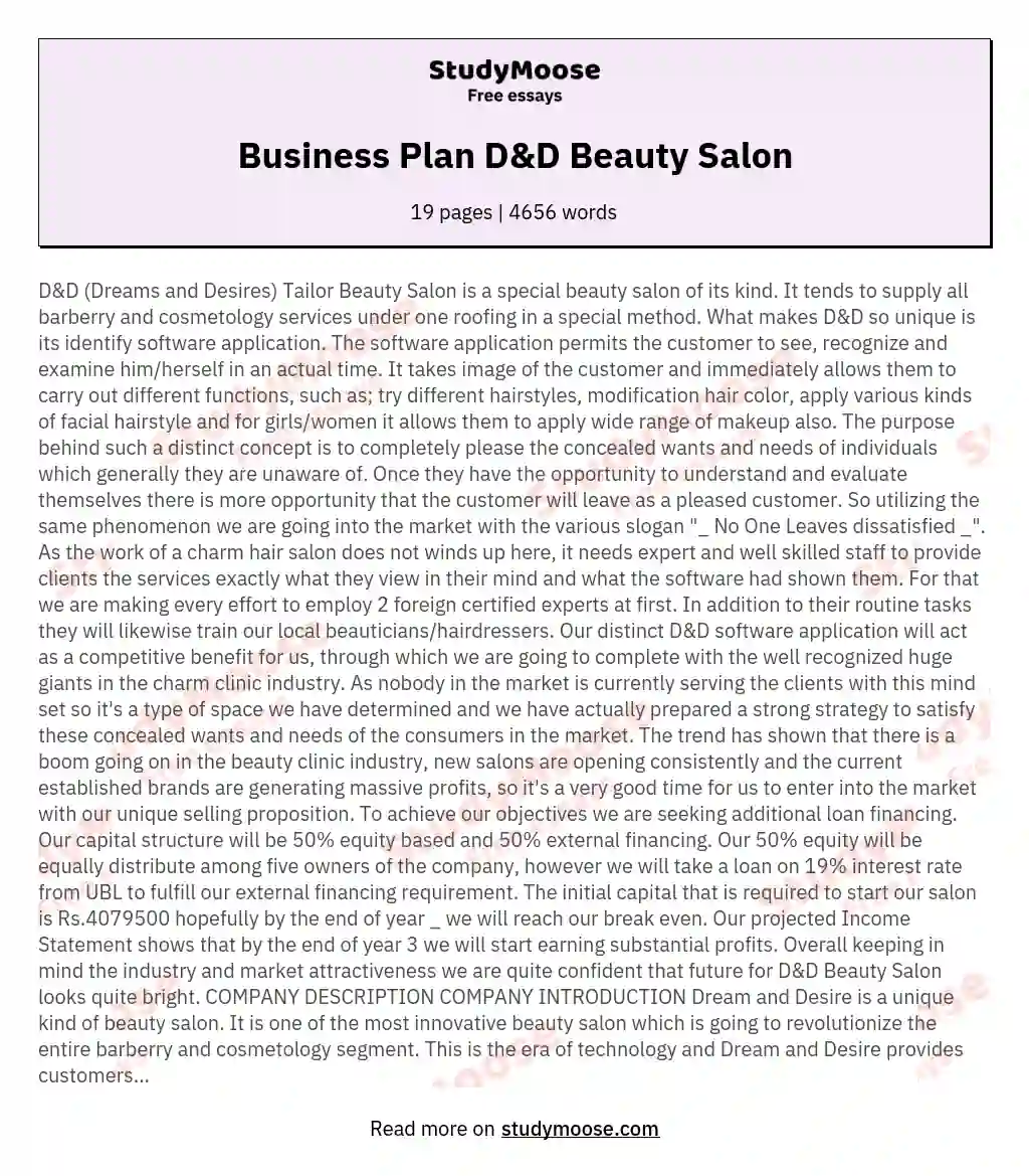 Business Plan D&amp;D Beauty Salon essay