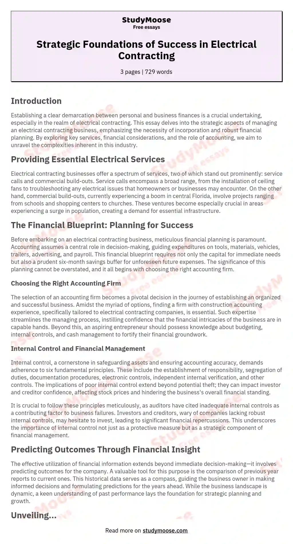 Strategic Foundations of Success in Electrical Contracting essay