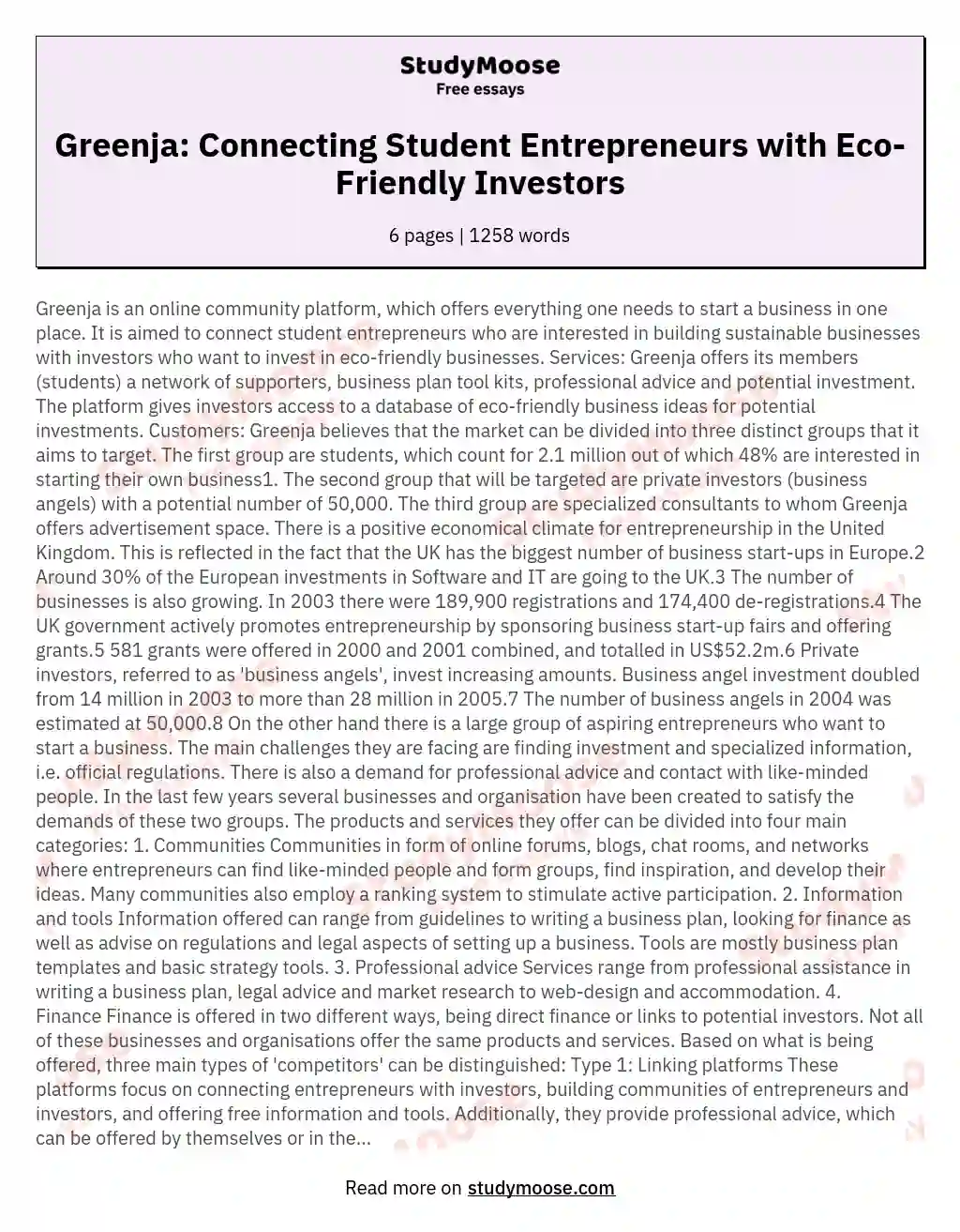 Greenja: Connecting Student Entrepreneurs with Eco-Friendly Investors essay