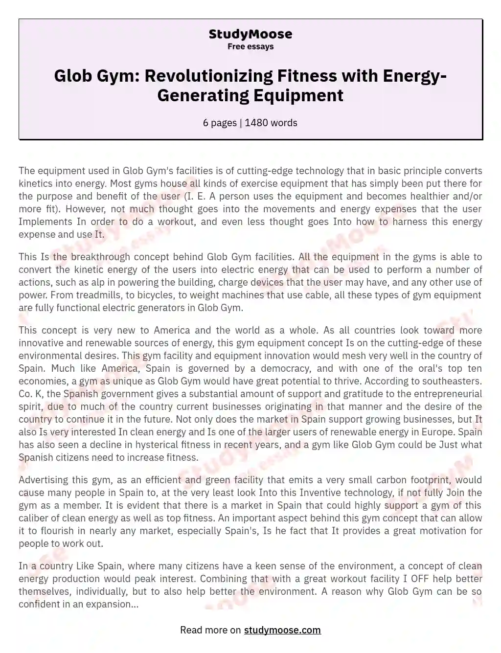 Glob Gym: Revolutionizing Fitness with Energy-Generating Equipment essay