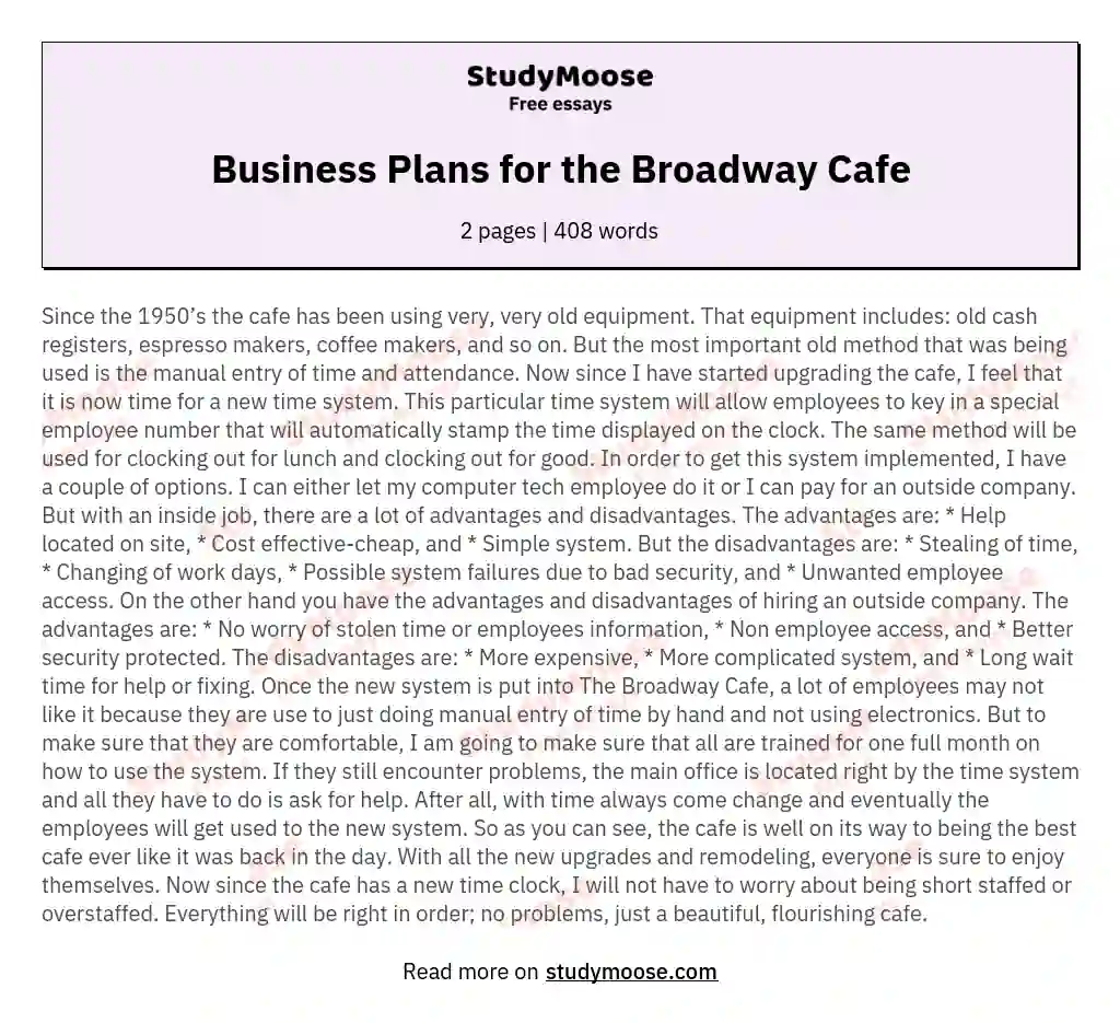 Business Plans for the Broadway Cafe