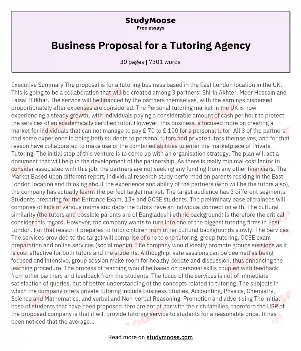 Business Proposal for a Tutoring Agency essay