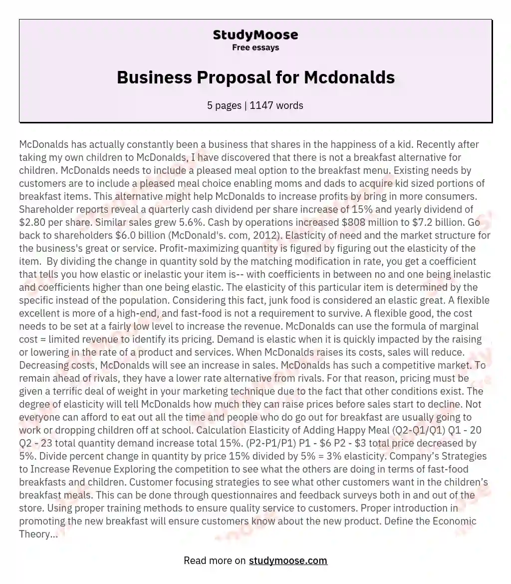 Business Proposal for Mcdonalds essay