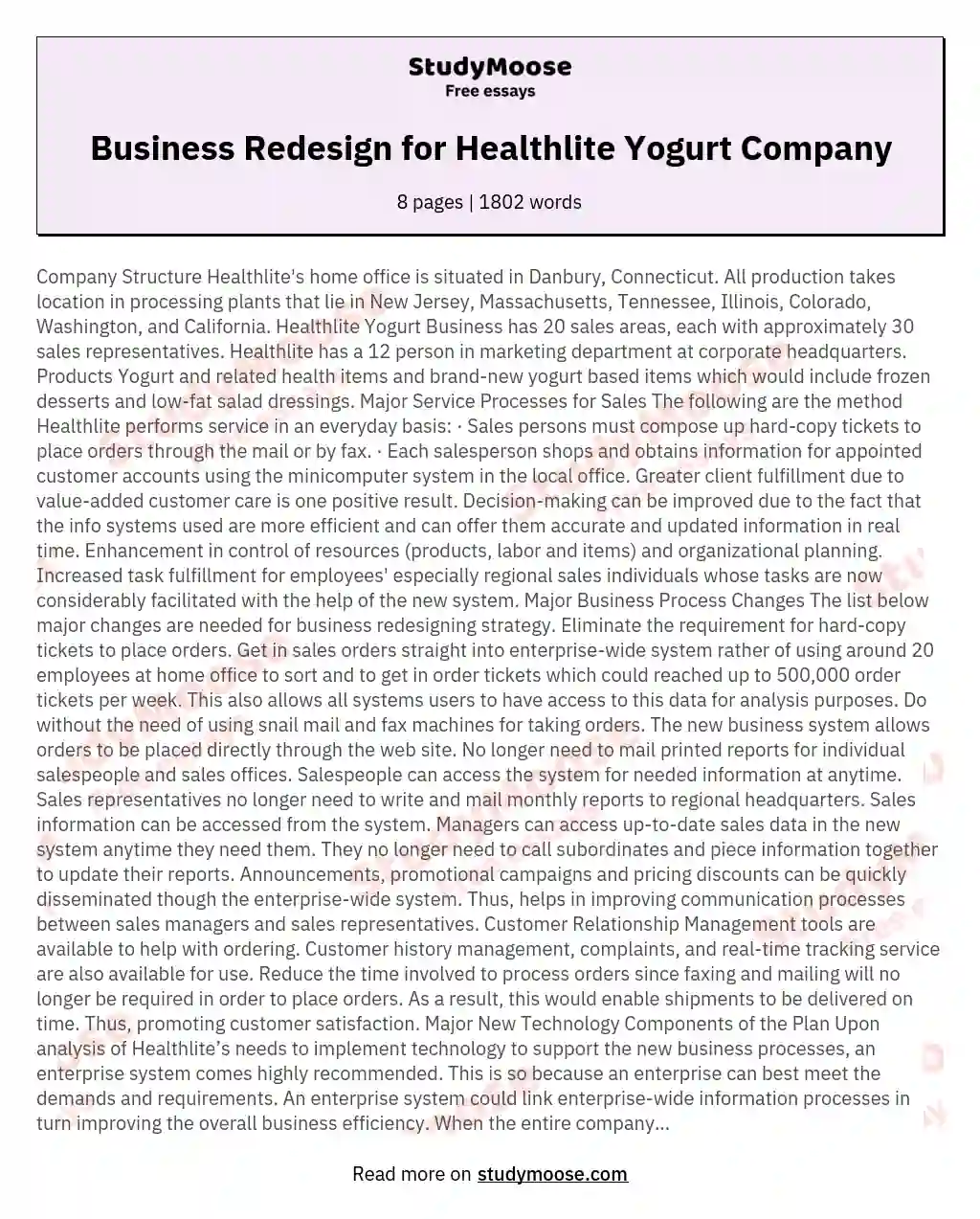 Business Redesign for Healthlite Yogurt Company essay