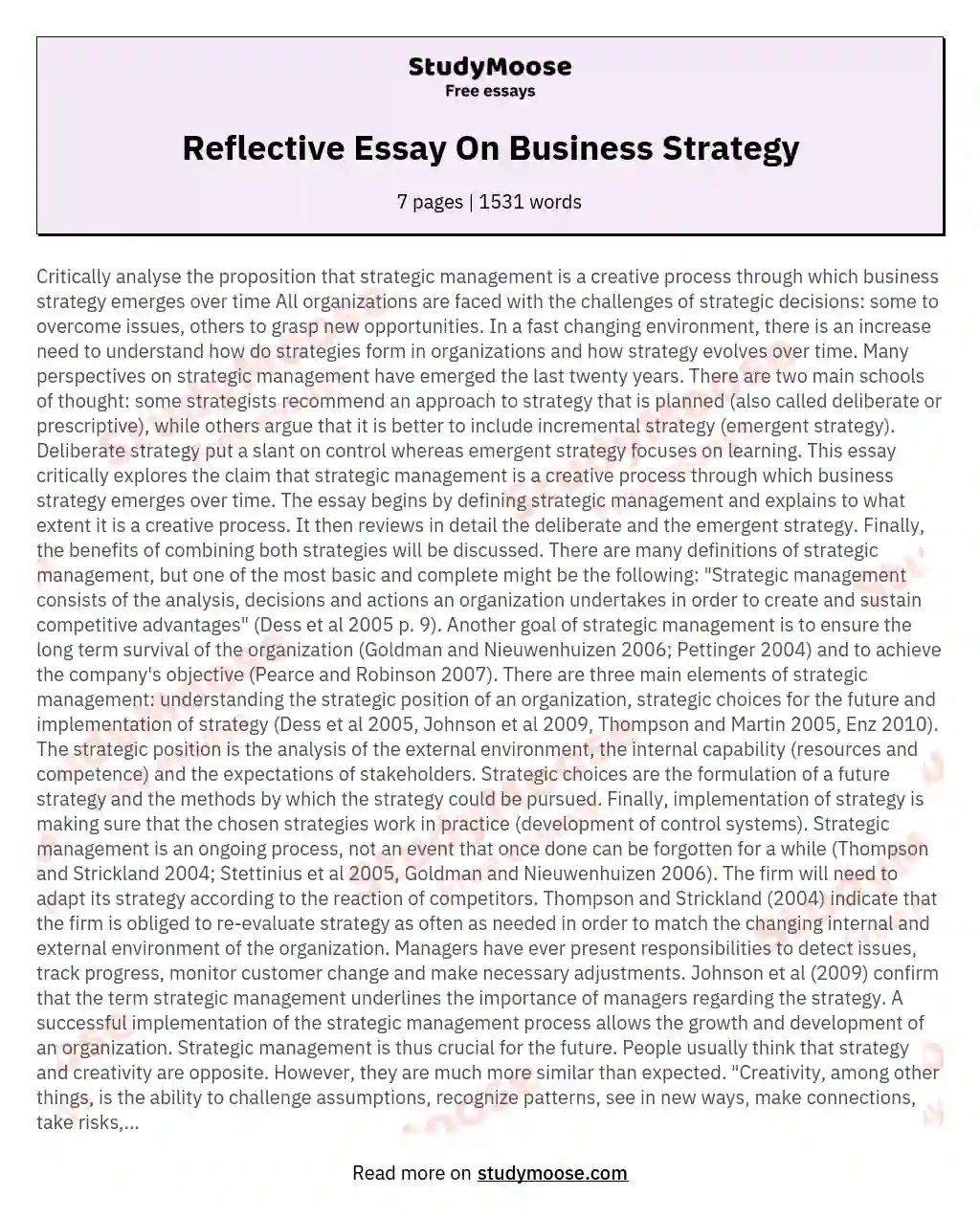 Reflective Essay On Business Strategy essay