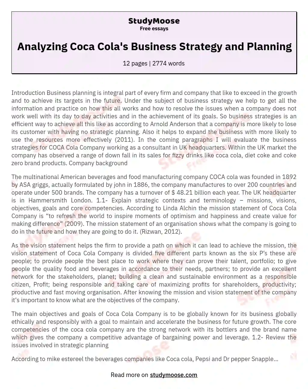 Analyzing Coca Cola's Business Strategy and Planning essay