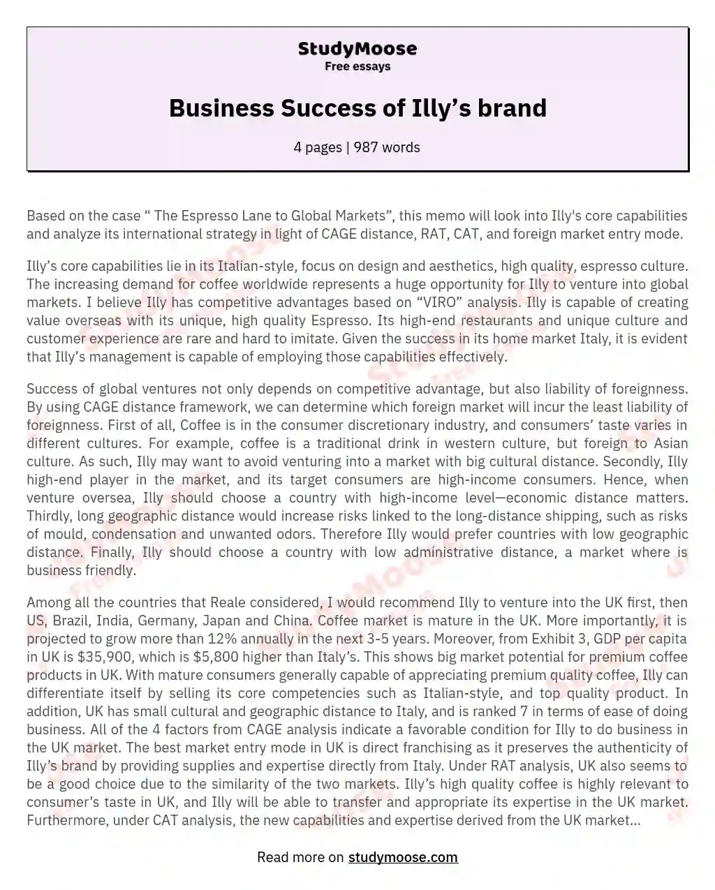 Business Success of Illy’s brand essay