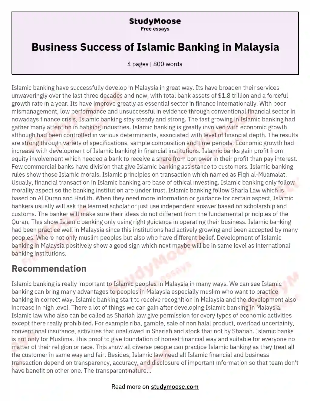 Business Success of Islamic Banking in Malaysia essay