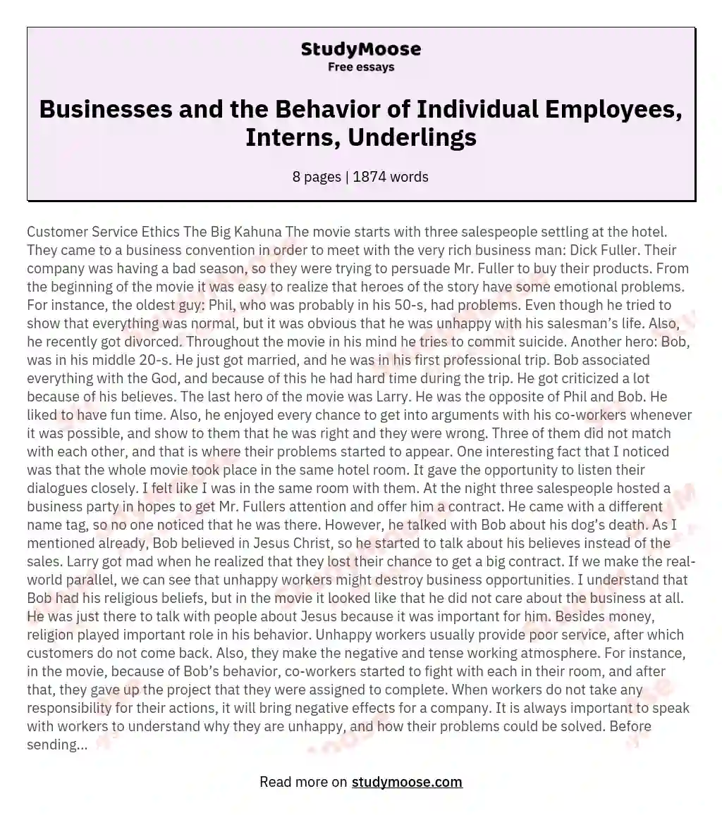 Businesses and the Behavior of Individual Employees, Interns, Underlings essay