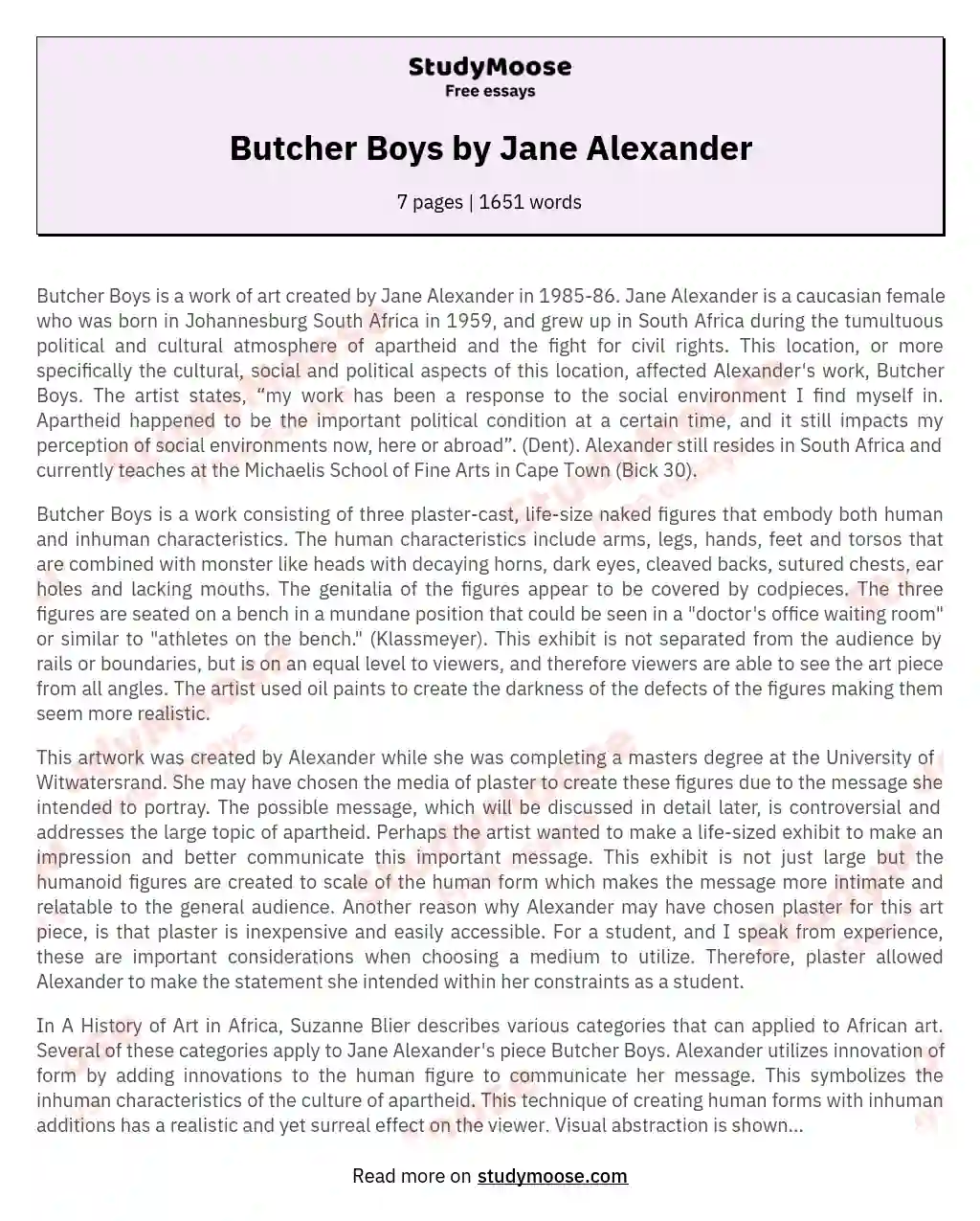 Butcher Boys by Jane Alexander essay