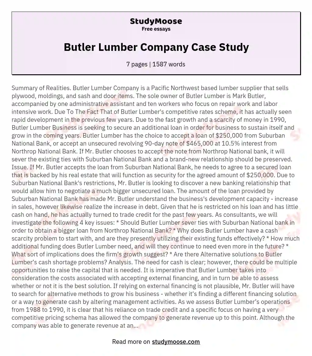 Butler Lumber Company Case Study essay
