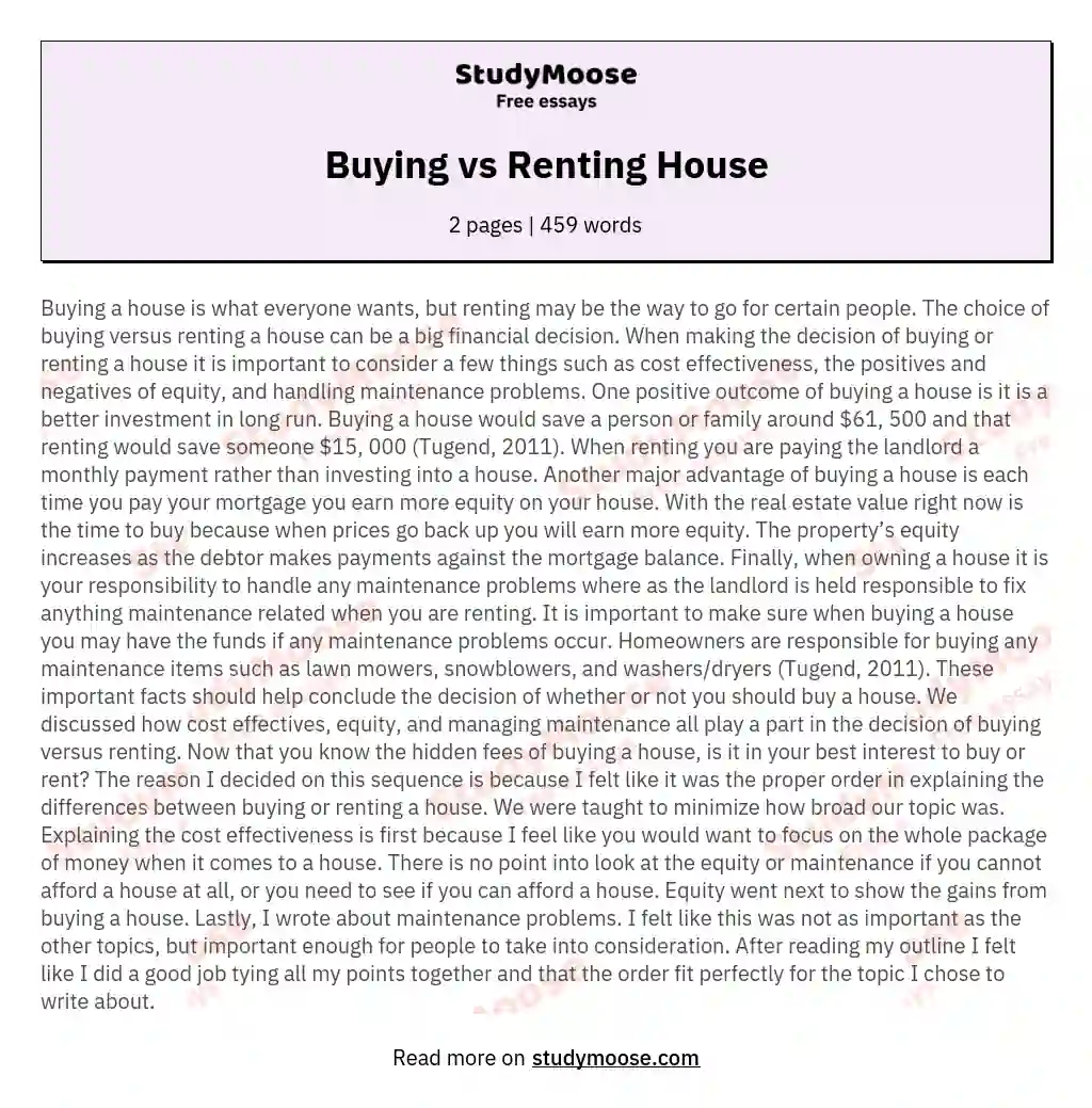 Buying vs Renting House essay