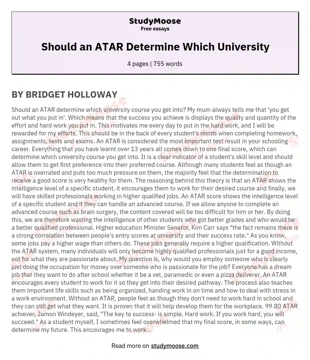 Should an ATAR Determine Which University essay