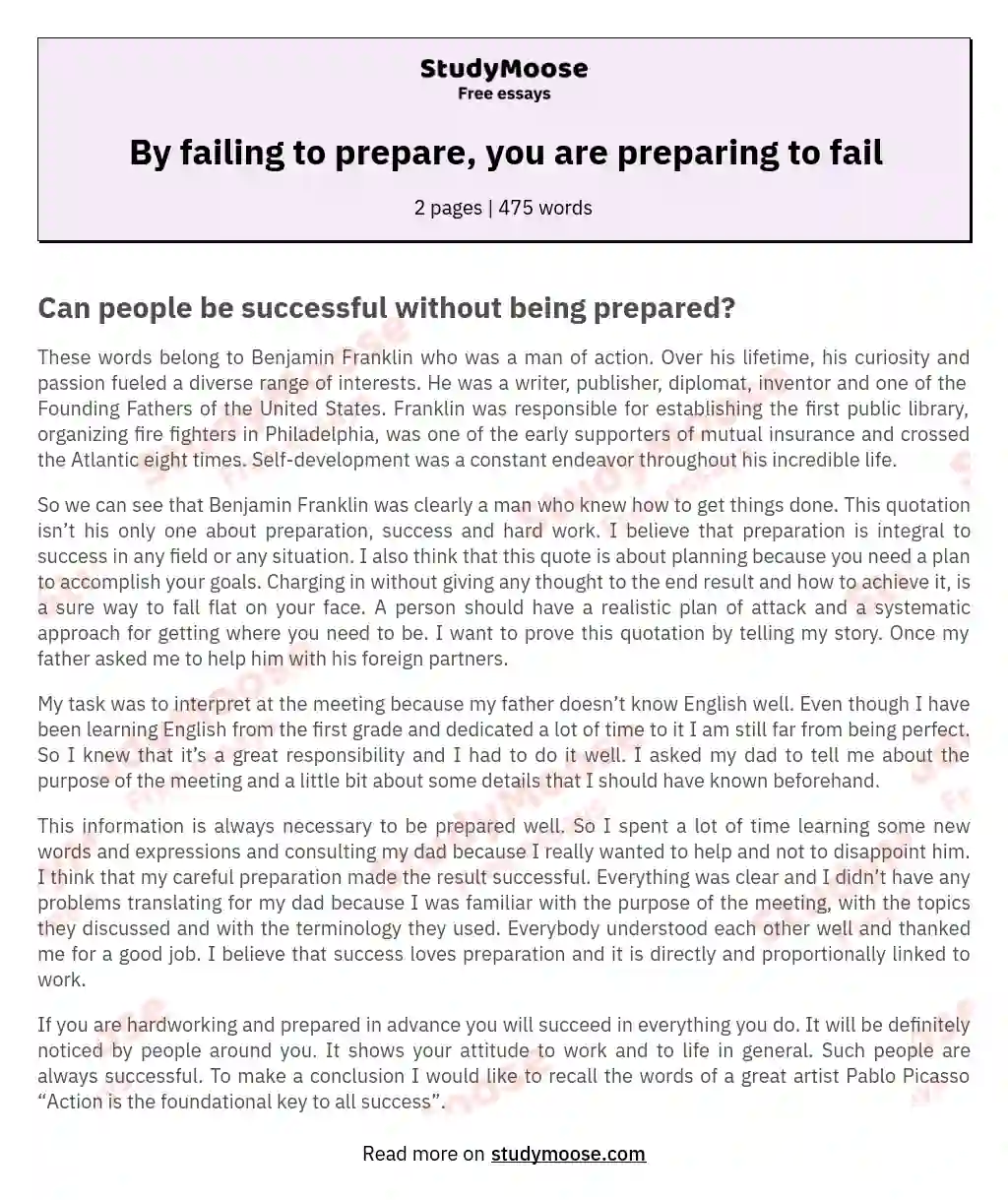 By failing to prepare, you are preparing to fail essay