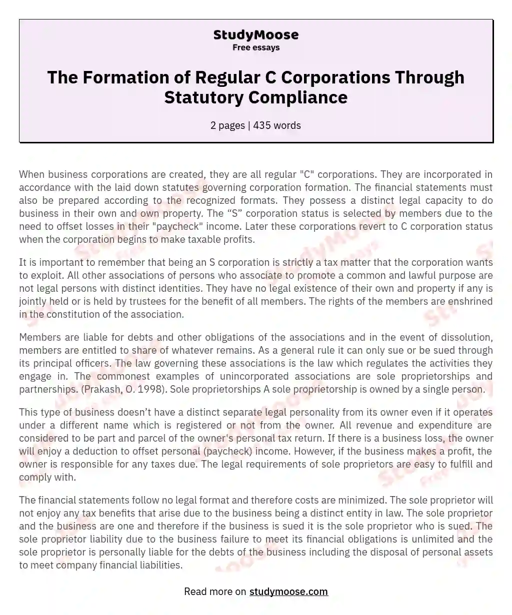 The Formation of Regular C Corporations Through Statutory Compliance essay