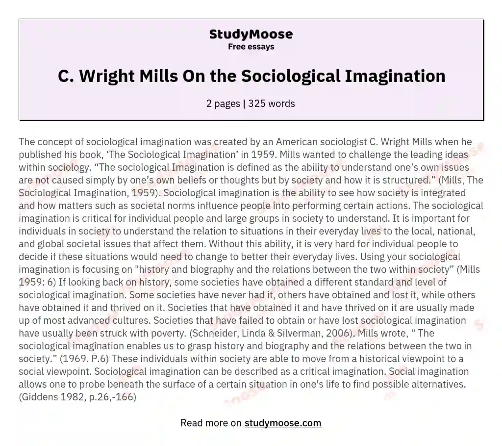 C. Wright Mills On the Sociological Imagination essay