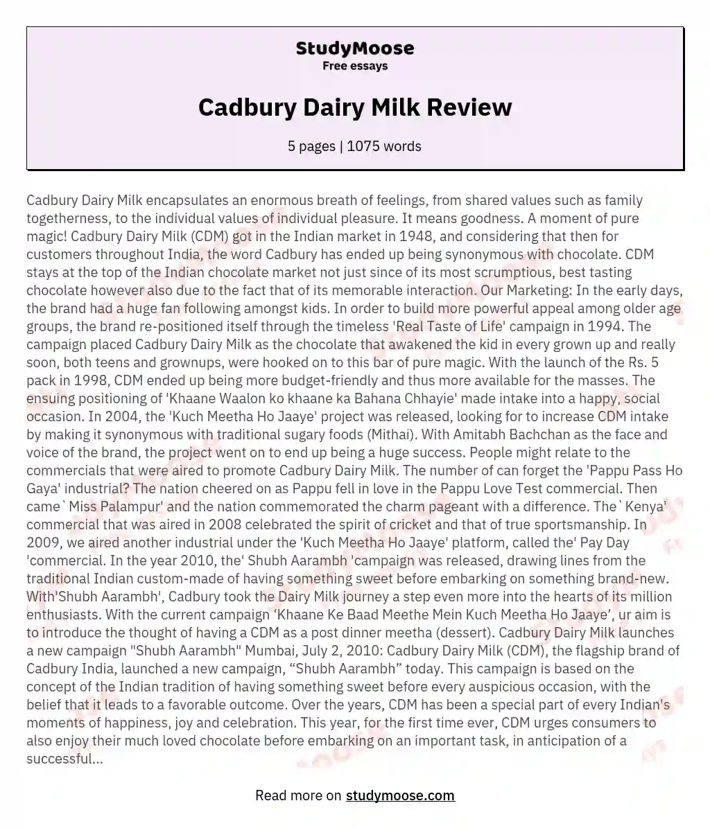 Cadbury Dairy Milk Review essay