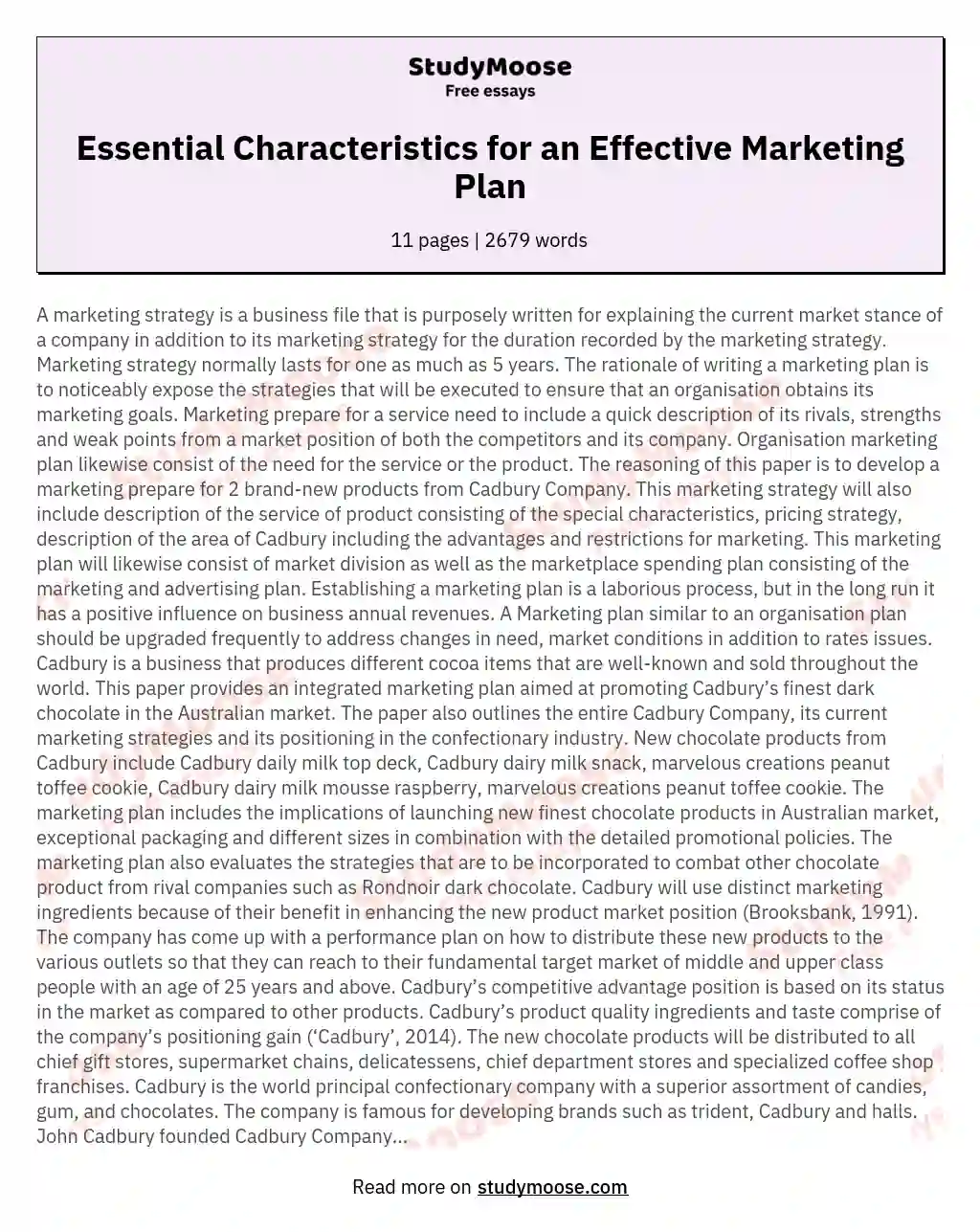 Essential Characteristics for an Effective Marketing Plan essay