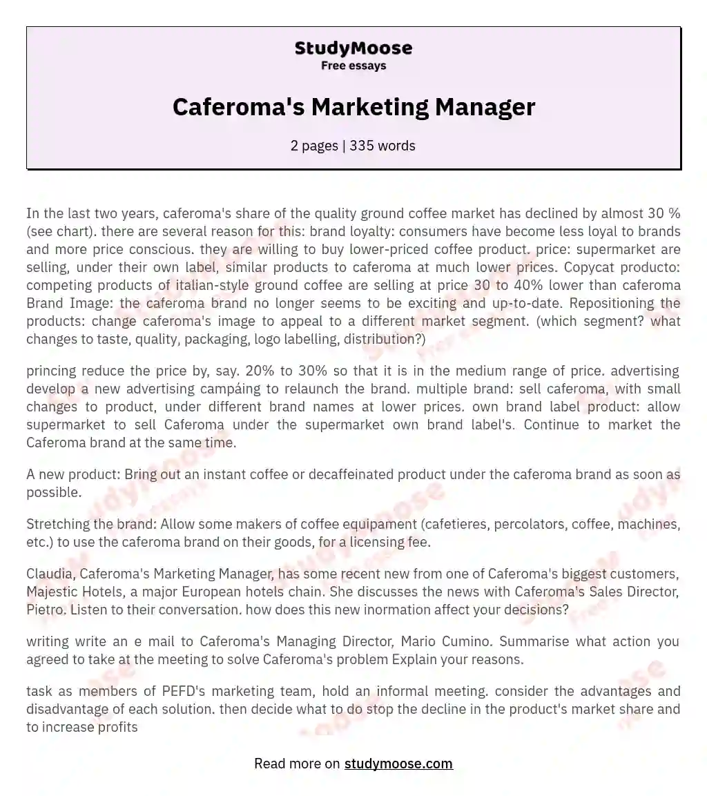 Caferoma's Marketing Manager essay