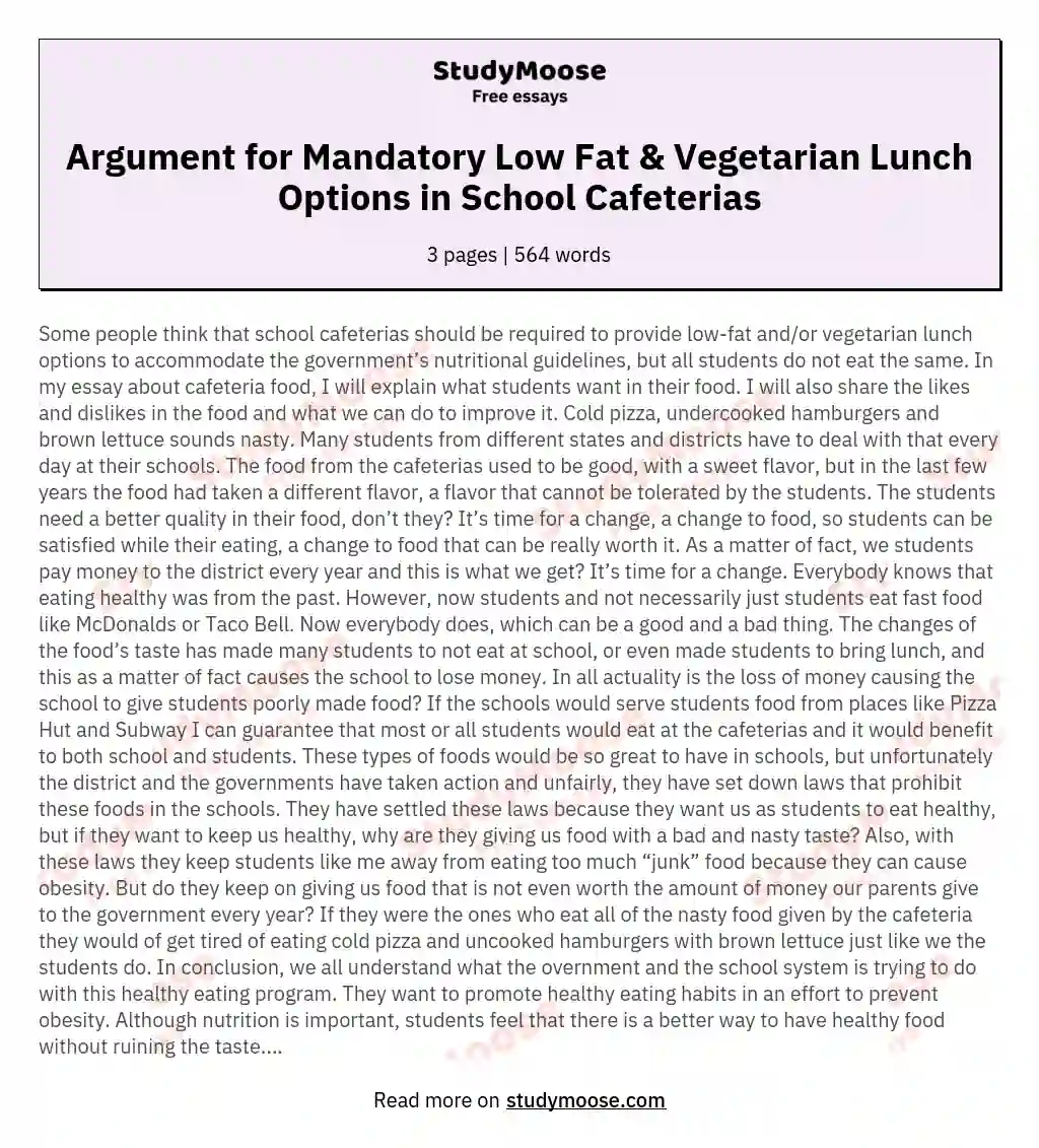 Argument for Mandatory Low Fat & Vegetarian Lunch Options in School Cafeterias essay