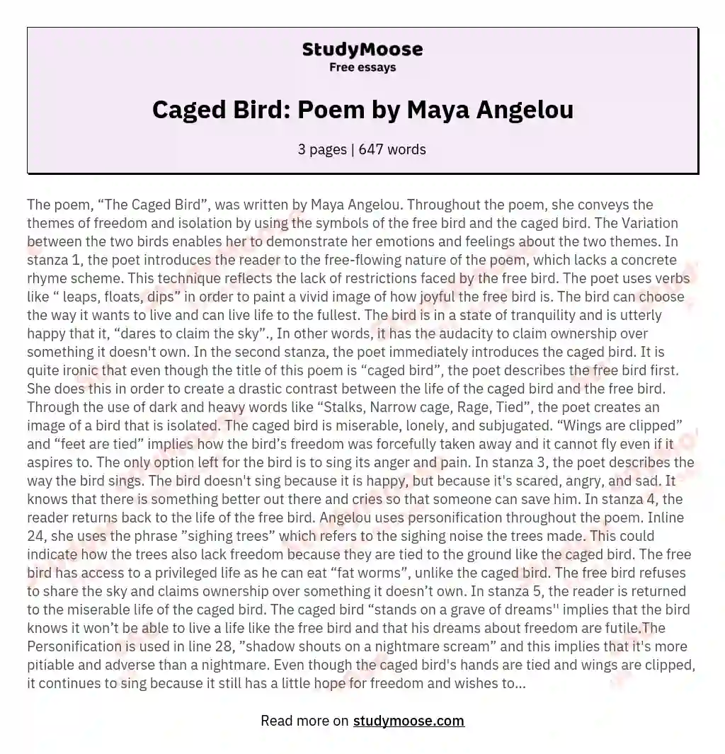 Caged Bird Poem By Maya Angelou Free Essay Example