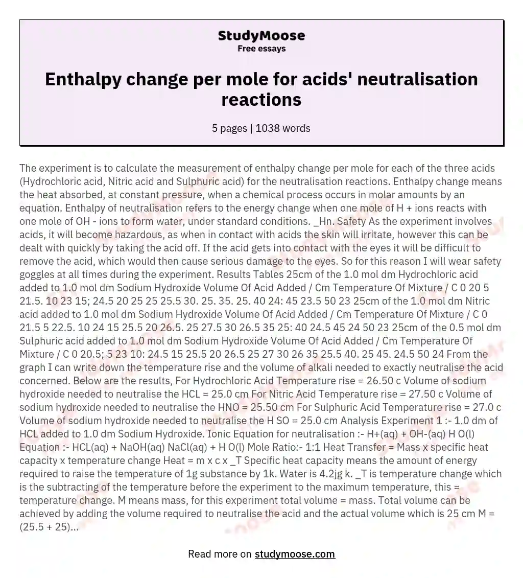 Enthalpy change per mole for  acids' neutralisation reactions