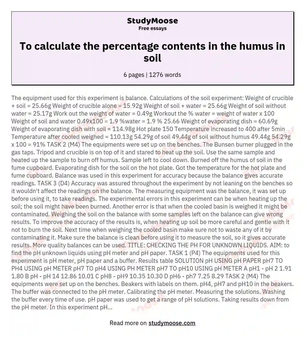 To calculate the percentage contents in the humus in soil