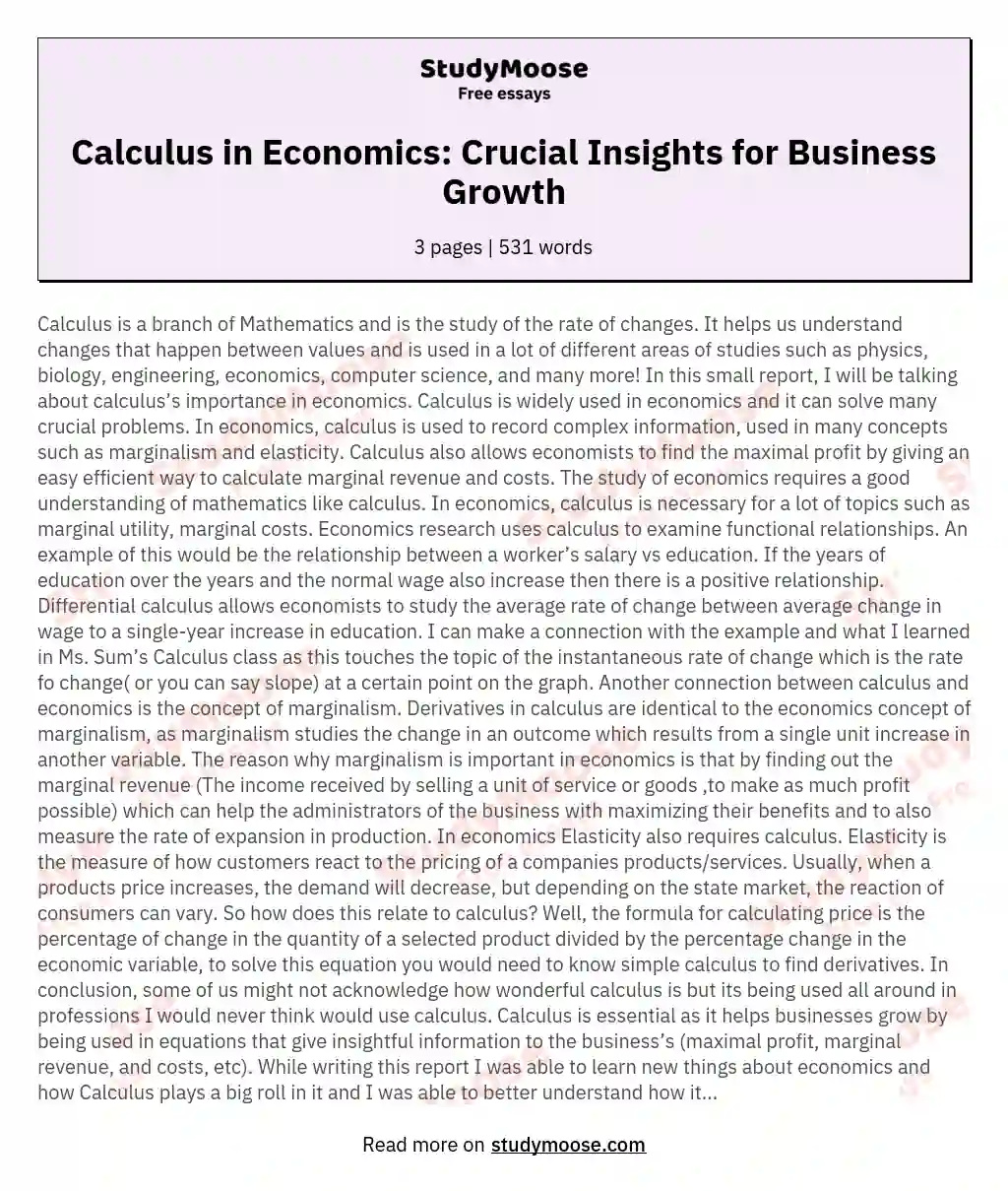 Calculus in Economics: Crucial Insights for Business Growth essay