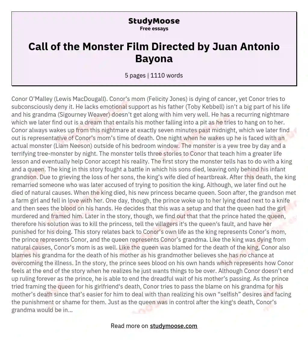 Call of the Monster Film Directed by Juan Antonio Bayona essay