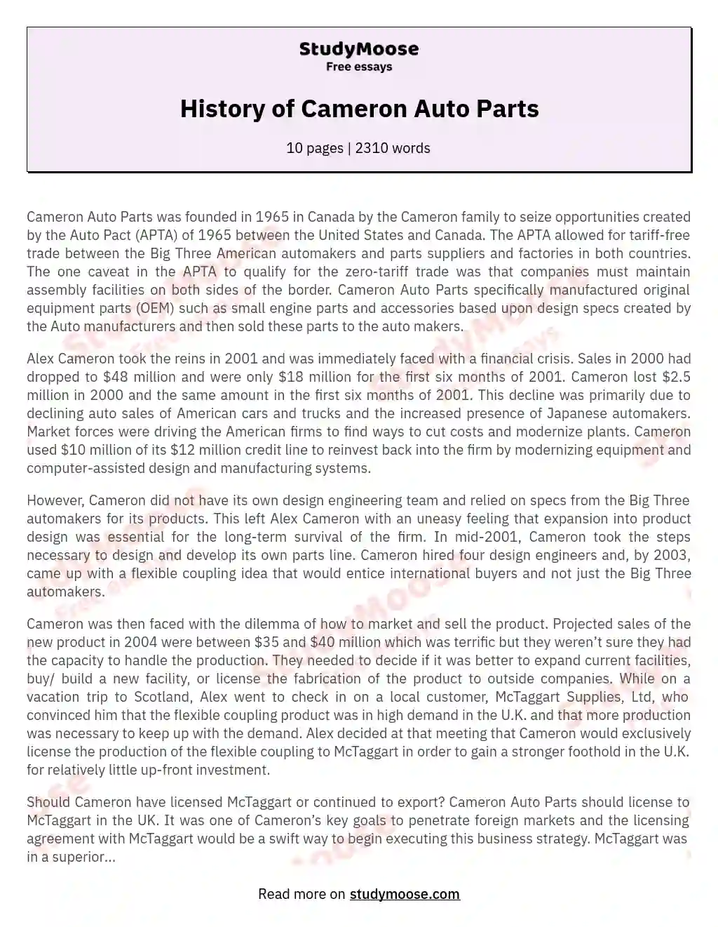 History of Cameron Auto Parts