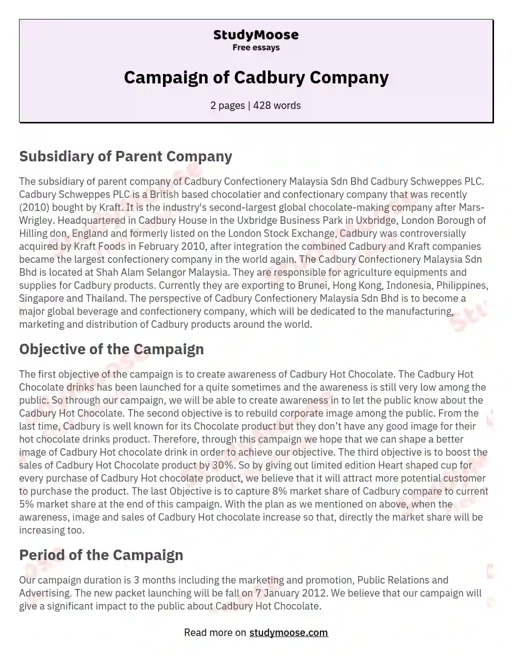 Campaign of Cadbury Company essay
