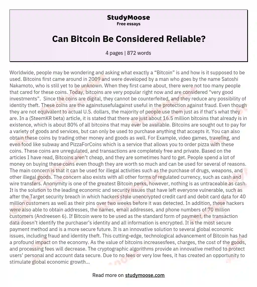 Can Bitcoin Be Considered Reliable? essay