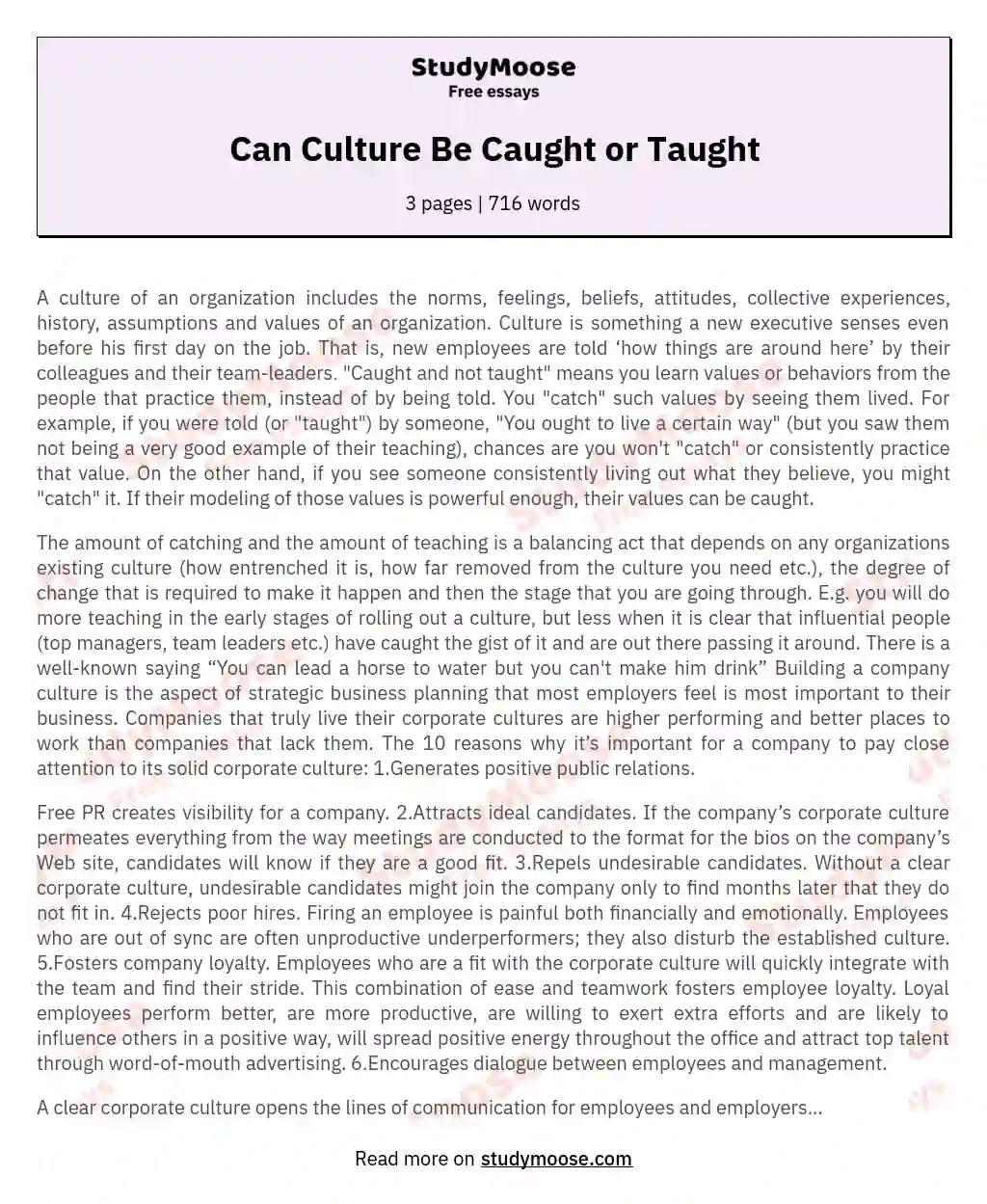 Can Culture Be Caught or Taught