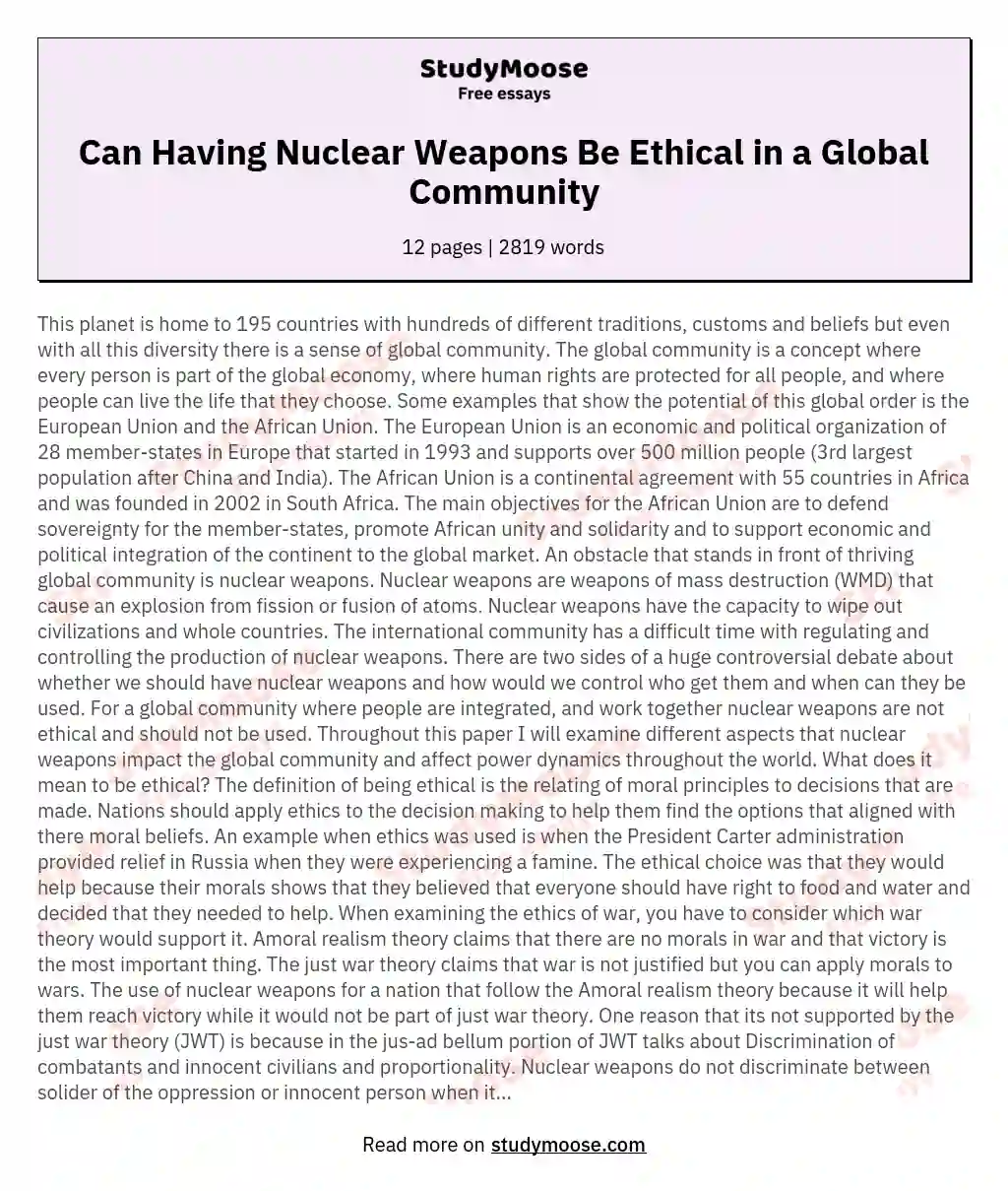 Can Having Nuclear Weapons Be Ethical in a Global Community essay