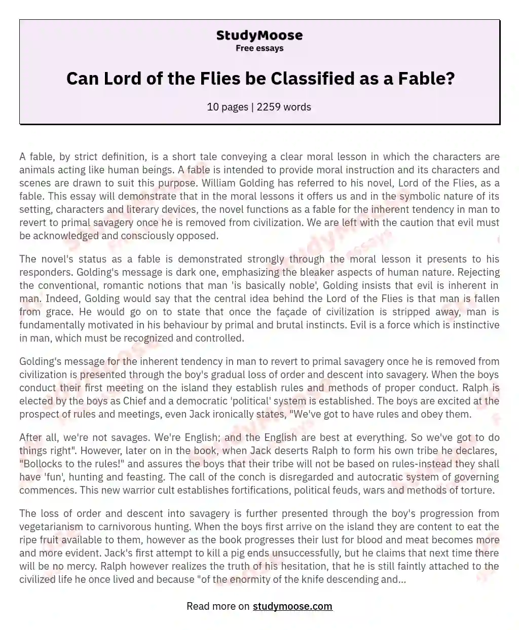 Can Lord of the Flies be Classified as a Fable? essay