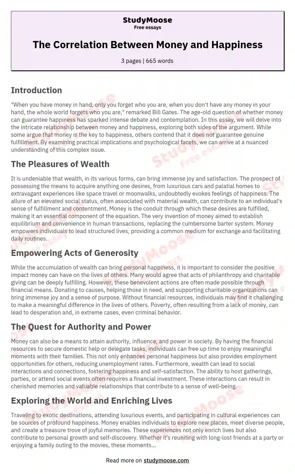 The Correlation Between Money and Happiness essay