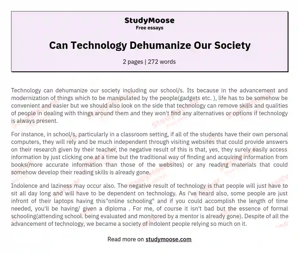 Can Technology Dehumanize Our Society essay