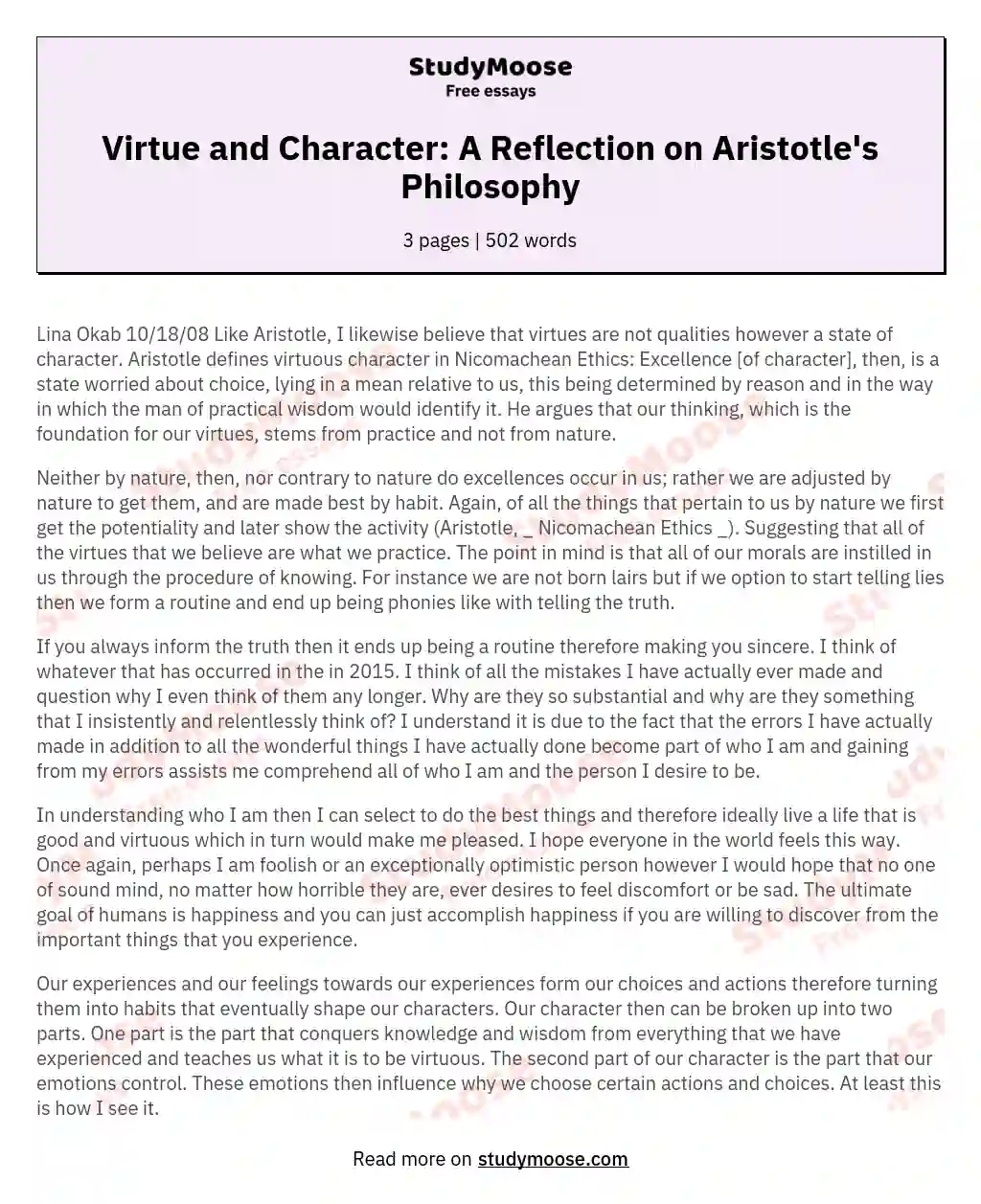 Virtue and Character: A Reflection on Aristotle's Philosophy essay