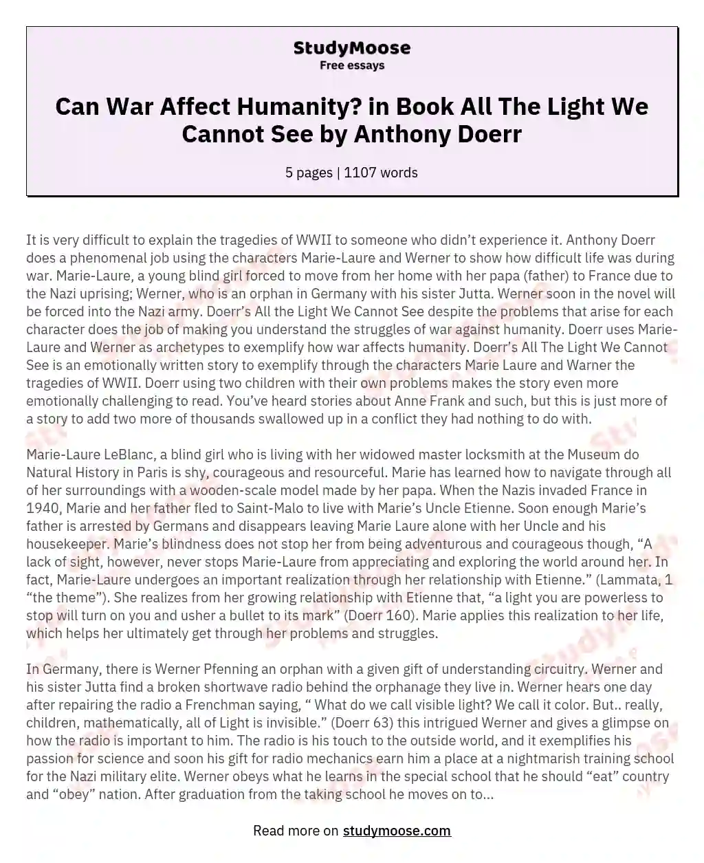 Can War Affect Humanity? in Book All The Light We Cannot See by Anthony Doerr essay