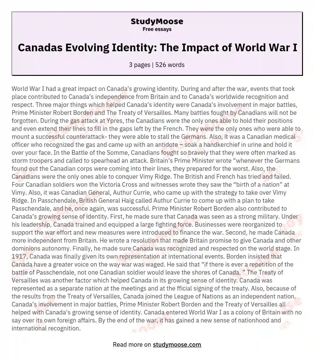 Canadas Evolving Identity: The Impact of World War I essay