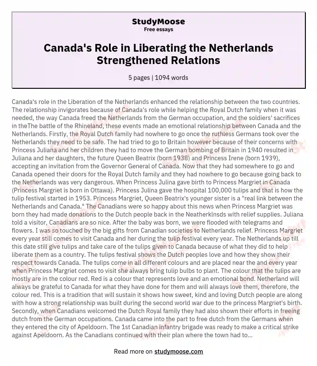Canada's Role in Liberating the Netherlands Strengthened Relations essay