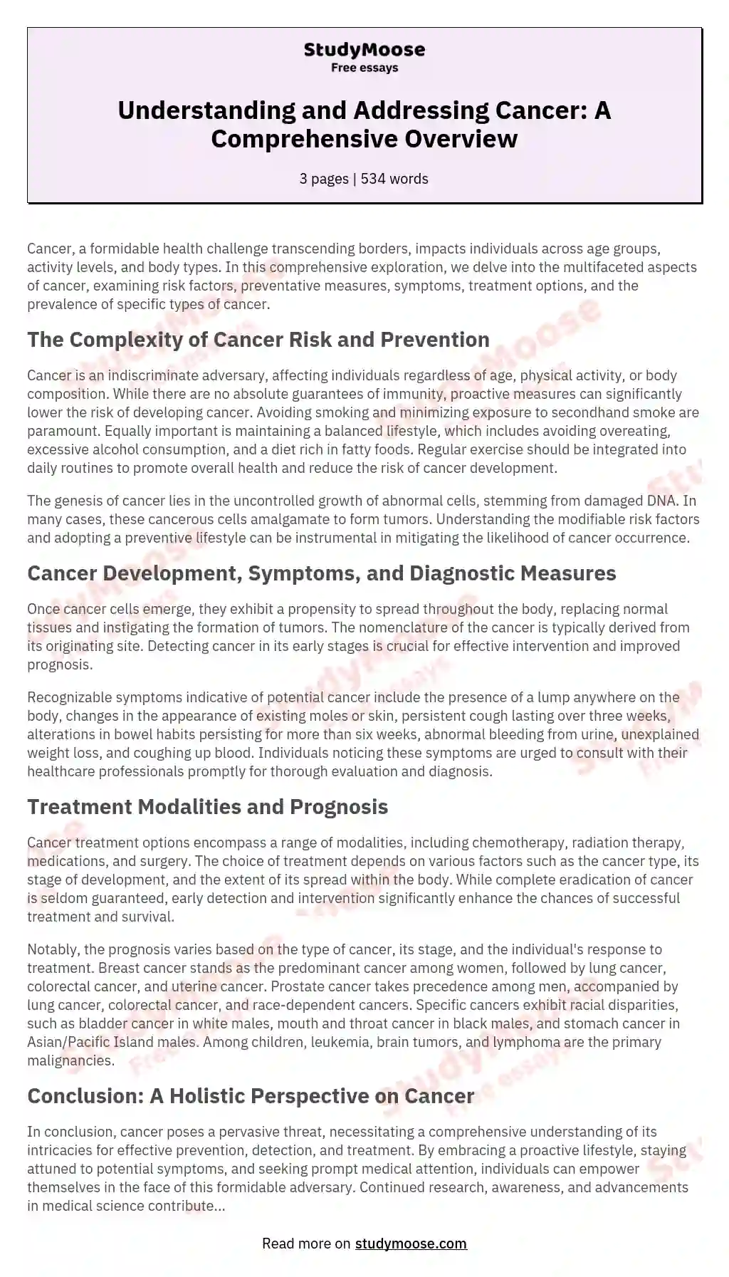 Understanding and Addressing Cancer: A Comprehensive Overview essay