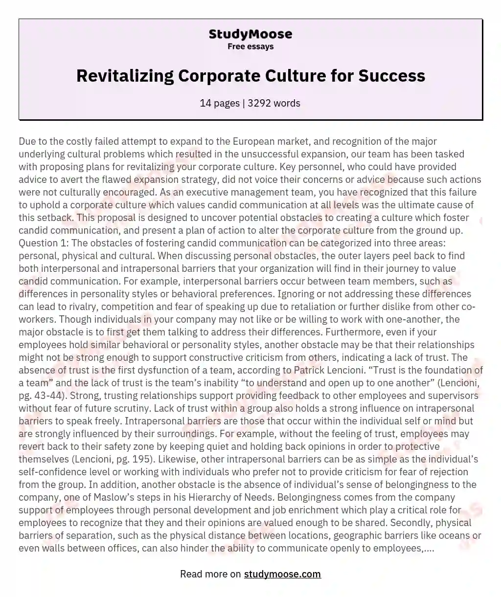 Revitalizing Corporate Culture for Success essay
