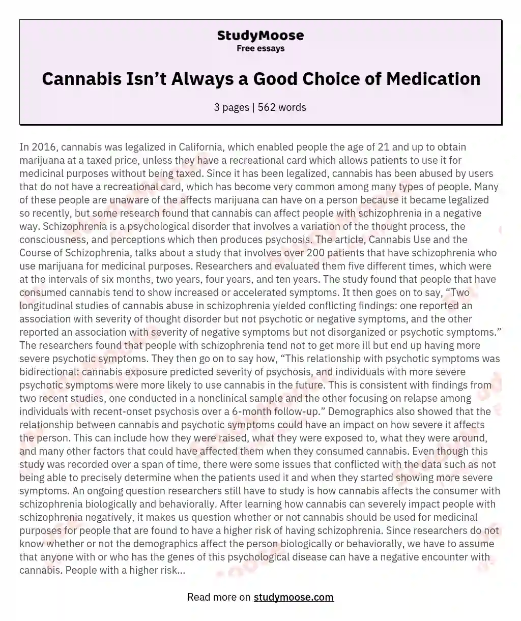 Cannabis Isn’t Always a Good Choice of Medication essay