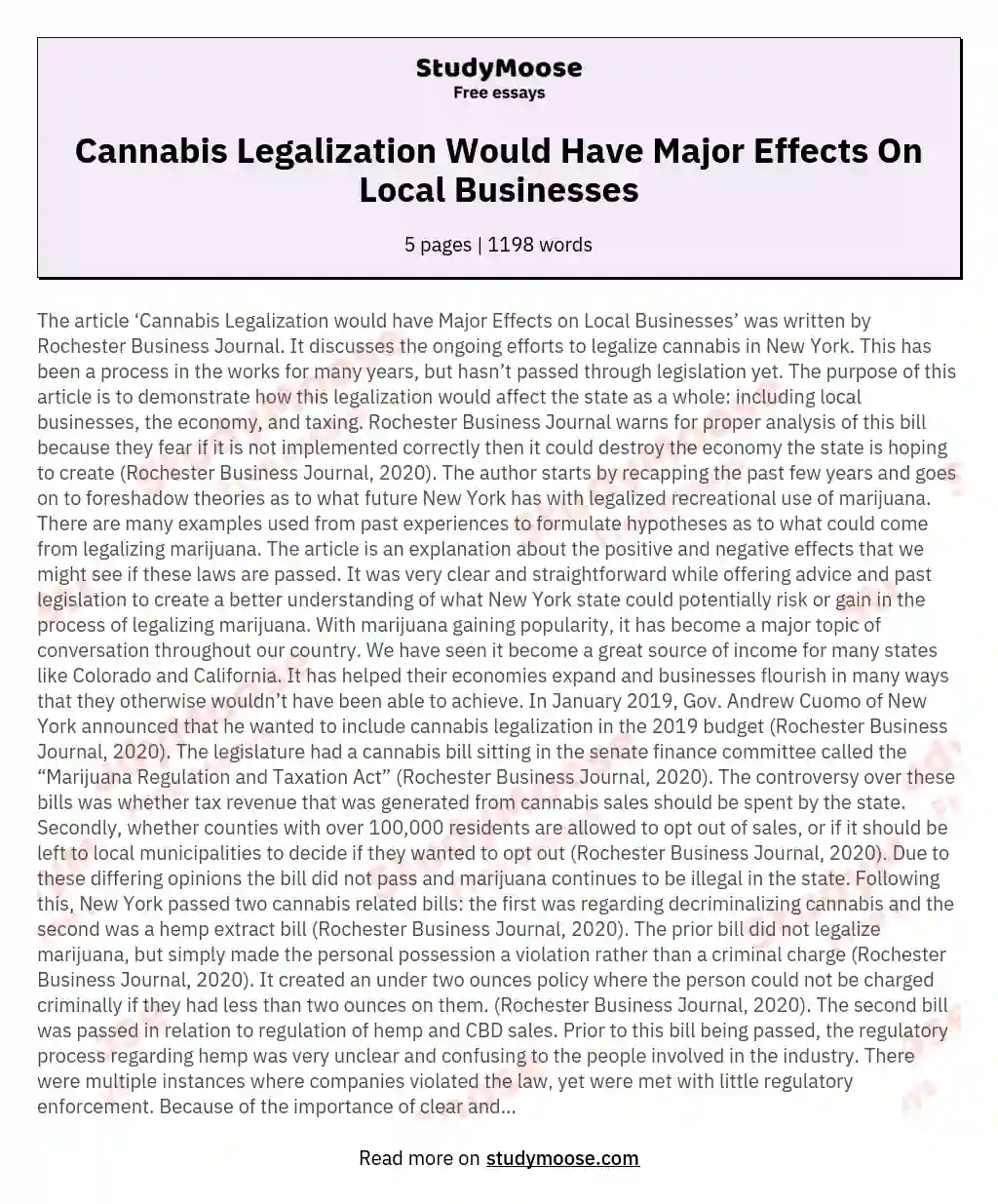 Cannabis Legalization Would Have Major Effects On Local Businesses essay