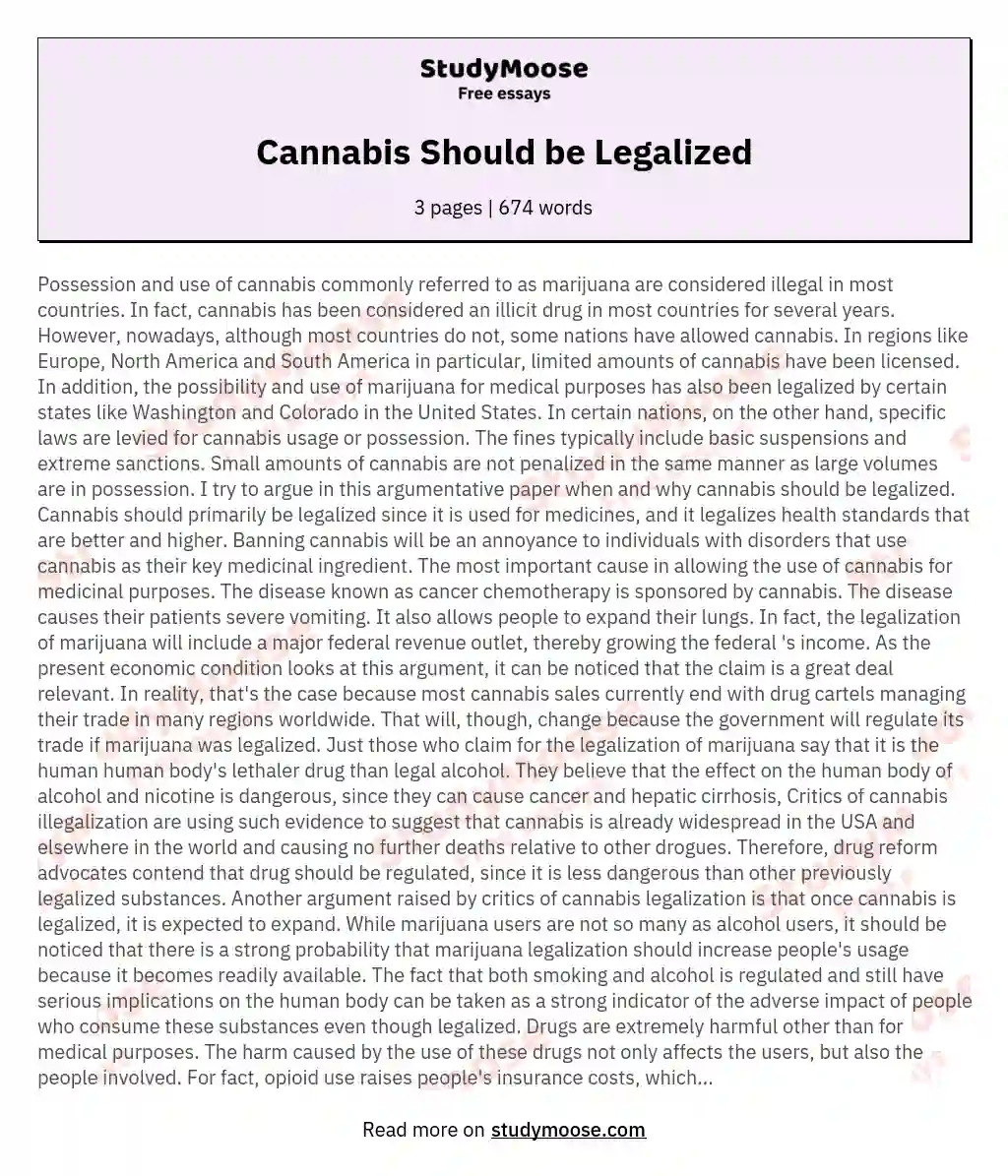 should cannabis and other soft drugs use be legalised essay