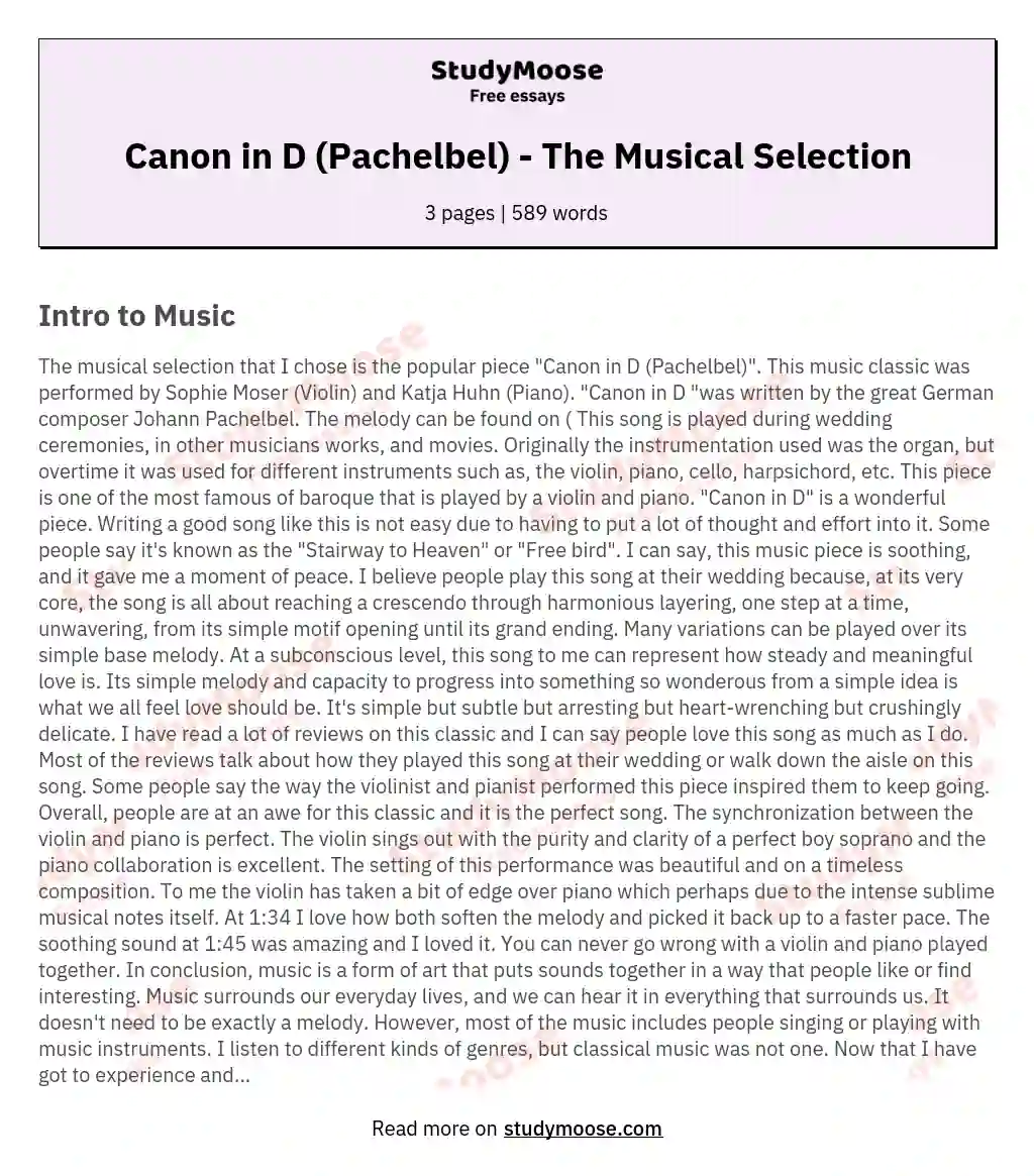 Canon in D (Pachelbel) - The Musical Selection essay