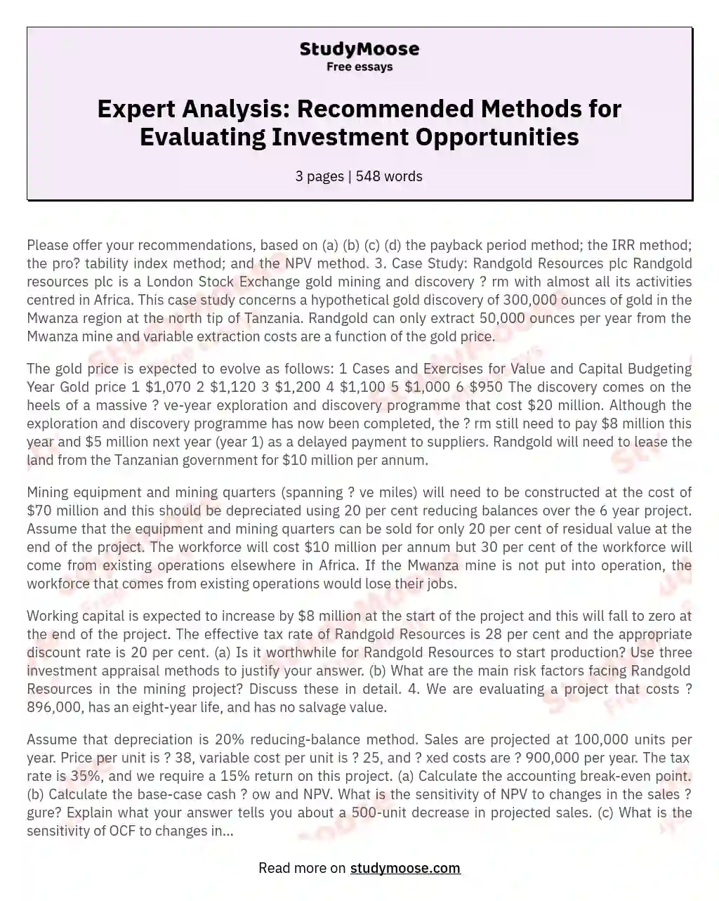 Expert Analysis: Recommended Methods for Evaluating Investment Opportunities essay