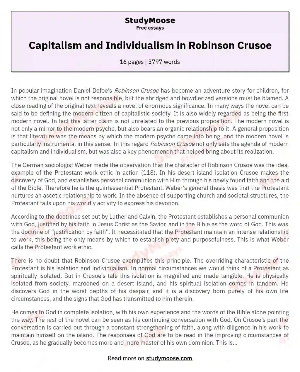 Capitalism and Individualism in Robinson Crusoe essay