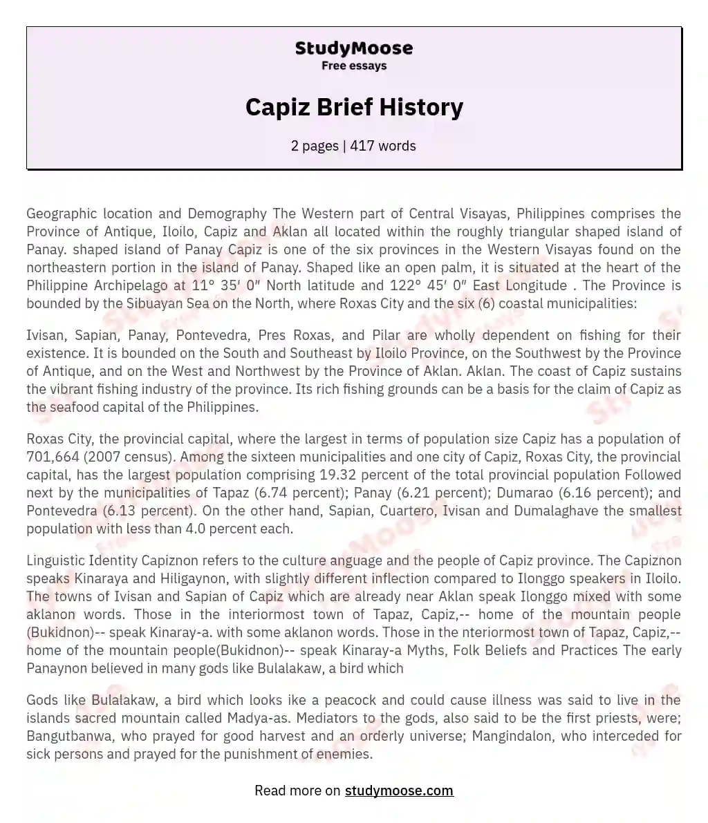 Capiz Brief History essay